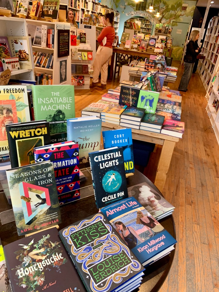 A view of the length of Roscoe Books taken from the front door.